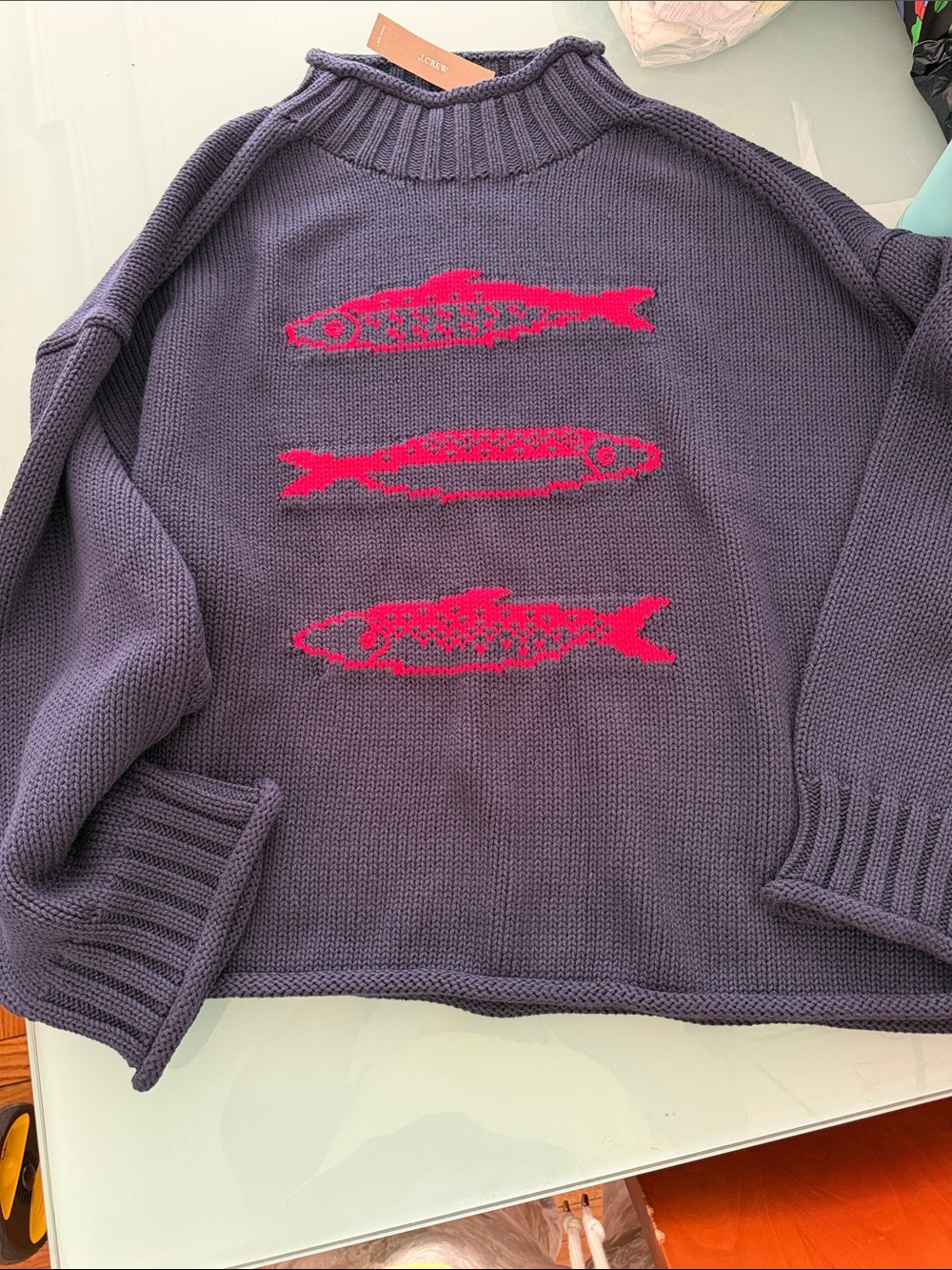 J. Crew Navy Blue 2025 Rollneck Knit Sweater with Bright Red Sardines (sold out)